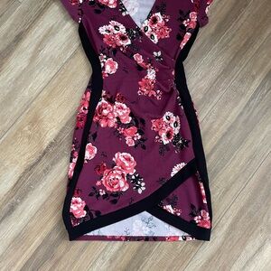 Floral Wrap Dress - Burgundy and Black